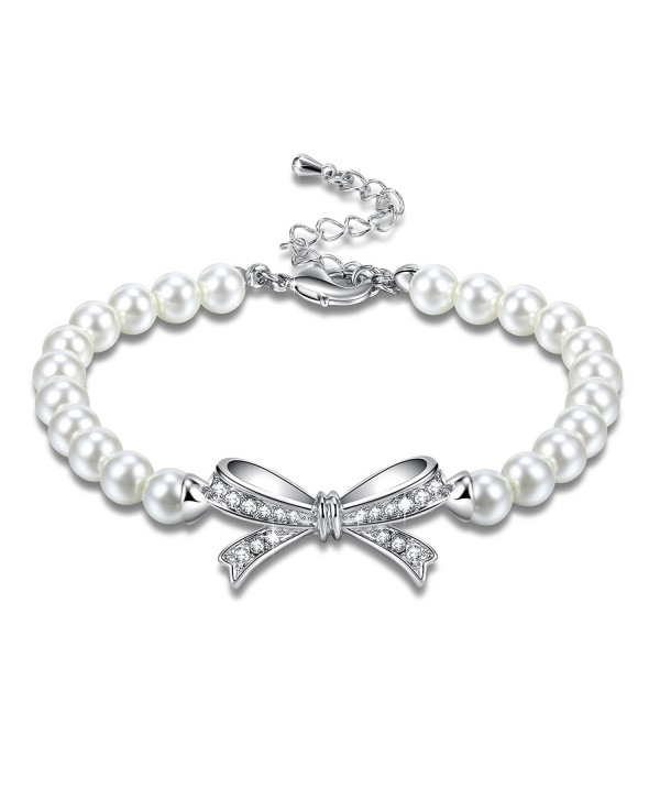 Angelady Bowtie White Pearls Bracelet with AAA Cubic Zirconia Wedding Birthday Anniversary Gifts Idea - CF186YLG5CQ