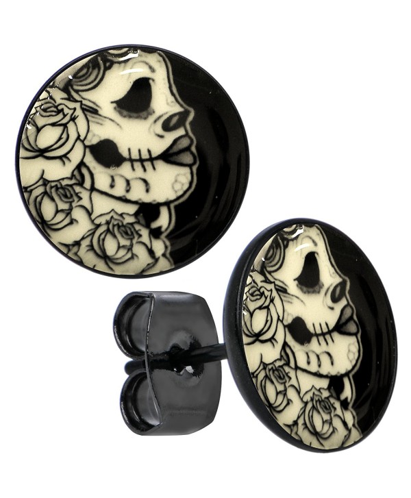 Body Candy Black Anodized Stainless Steel Post Gothic Rose Skull Glow in the Dark Stud Earrings - CU12BNKHMRL