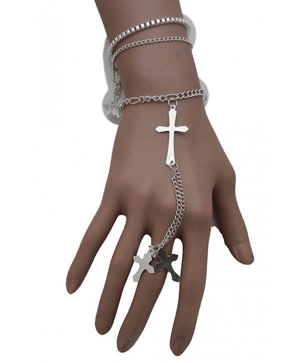 TFJ Women Fashion Jewelry Long Hand Chain Silver Metal Bracelet Slave Ring Cross Charms - C1128RT6I0D