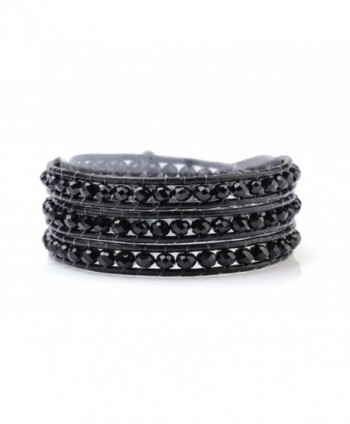 Black Wrap Bracelet Manmade Crystal Multilayer 4mm Hand Knotted Black Leather Bangle - C6123KRZ3OJ