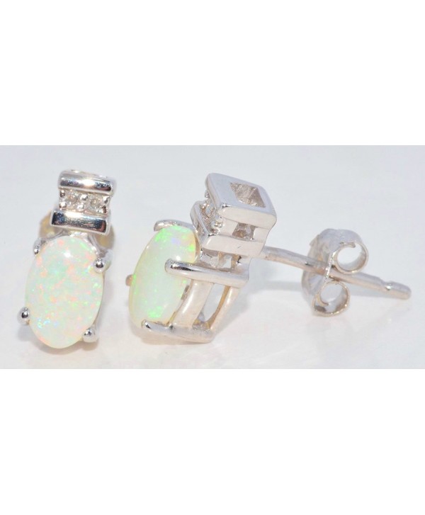 6x4mm Genuine Opal & Diamond Oval Stud Earrings .925 Sterling Silver Rhodium Finish - CJ119NE33N7