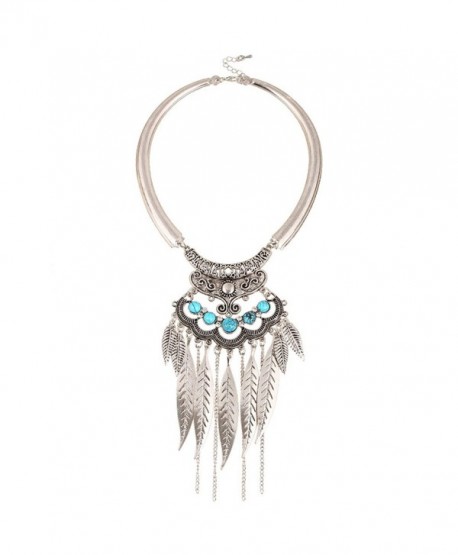 Q&Q Fashion Silver Turkey Feather Leaf Blue Stone Filigree Torque Zuni Navajo Collar Bib Necklace - CQ11Y3BRY7V