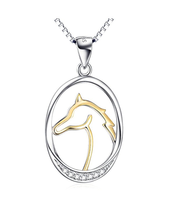 Two Tone 925 Sterling Silver Horse Heart Cubic Zirconia Charm Pendant Rolo Chain Necklace 18 " - CC12M8L8S4F