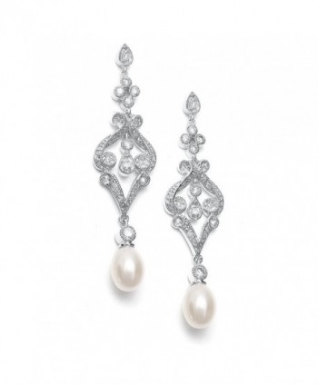 Mariell Vintage Cubic Zirconia Rhodium Scroll Bridal Earrings with Genuine Freshwater Pearl Drops - CH11ZRCSJKV