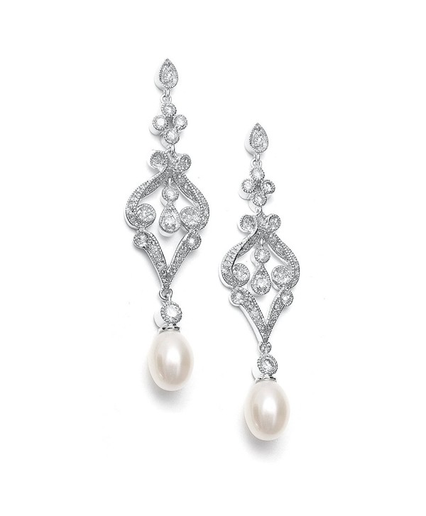 Mariell Vintage Cubic Zirconia Rhodium Scroll Bridal Earrings with Genuine Freshwater Pearl Drops - CH11ZRCSJKV