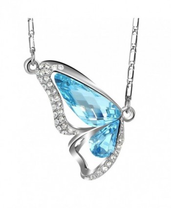 EleQueen Women's Silver-tone Butterfly Pendant Necklace Adorned with Swarovski Crystals - Aquamarine Color - CL11R3G0WQX