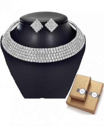 TENGZHEN Silver Rhinestone Choker Necklace and Earrings Jewelry Sets for Women Bridal Wedding Party Prom - Blue - C617AZ97MQ7