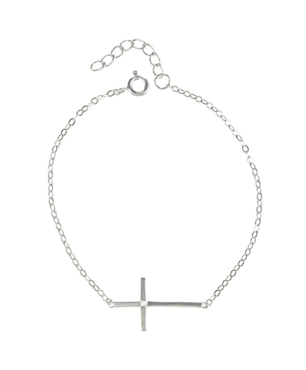 Sterling Silver 7 + 1" Sideways Cross Single CZ Communion-Confirmation Bracelet - C1119L5XAGH