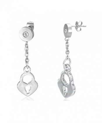 Stainless Steel Love Heart Padlock Long Drop Stud Earrings w/ Clear CZ (Pair) - EPP461 - CB12O8GVTXP