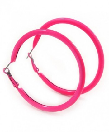 Large Neon Pink Enamel Hoop Earrings In Silver Tone - 60mm Diameter - CP11FQQRV93