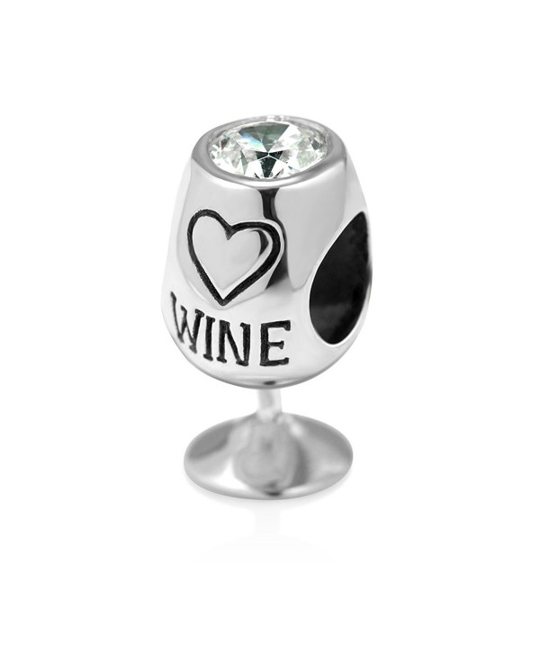 925 Sterling Silver Simulated Cubic Zirconia Love Wine Glass Bead Charm Fit Major Brand Bracelet - CW11JOS5DFD
