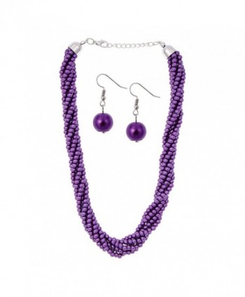 Pearl Twist Necklace & Earring Set (Purple) - Purple - CL12IASFBCB