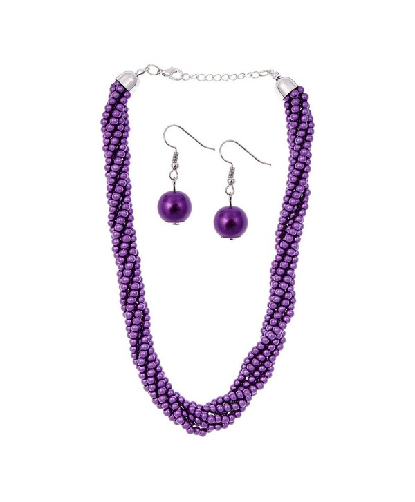 Pearl Twist Necklace & Earring Set (Purple) - Purple - CL12IASFBCB
