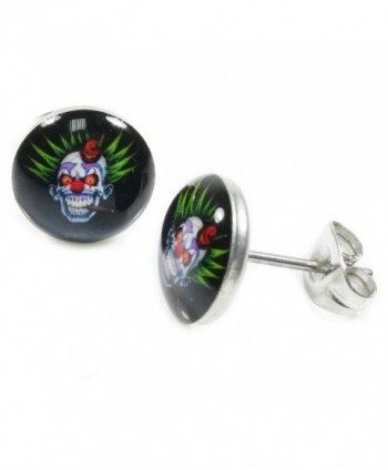 Pair Stainless Steel Round Punk Head Bad Skull Post Stud Earrings 10mm - C611DP7MGB3