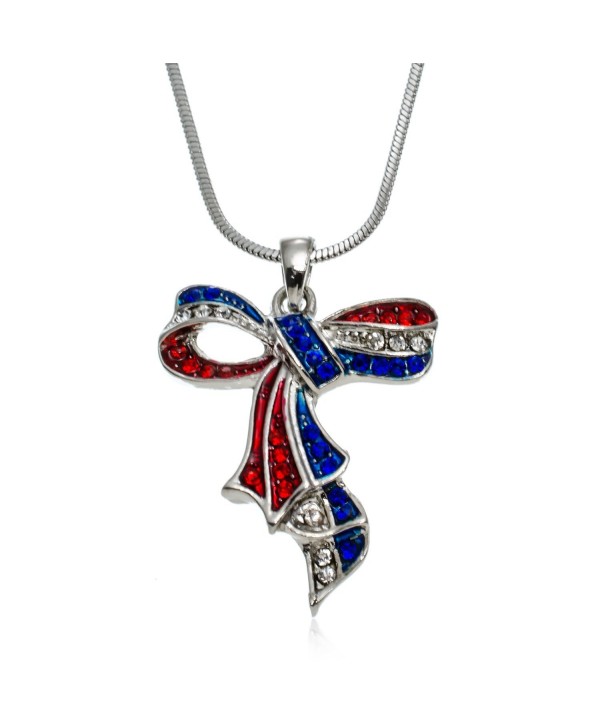 PammyJ Red White Blue Crystal American Ribbon Pendant Necklace- 17.5" - C712G8WFWNZ