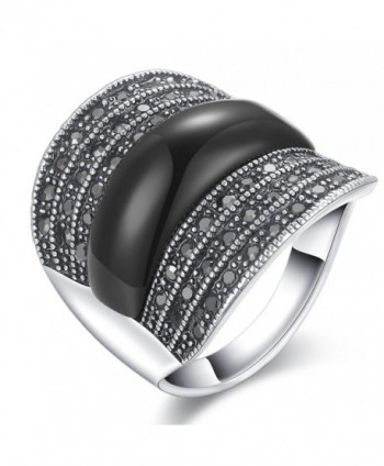 Dnswez 22mm Width Black Marcasite Stones Wide Band Silver Statement Ring for Women Men - CO12LB3II9V