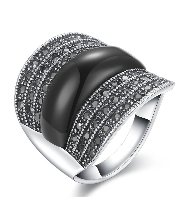 Dnswez 22mm Width Black Marcasite Stones Wide Band Silver Statement Ring for Women Men - CO12LB3II9V
