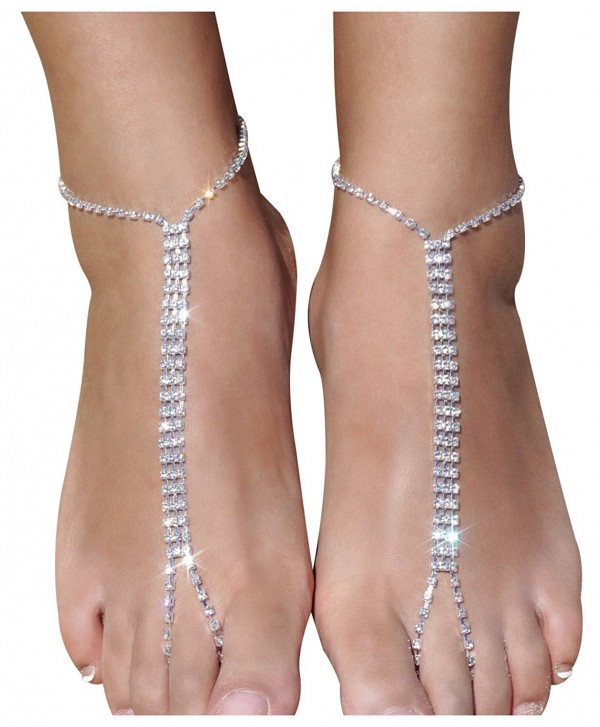 2 Pieces Beach Barefoot Adorn Alloy Golden Rhinestone Foot Anklet Chain - Sliver - C612284FFTD