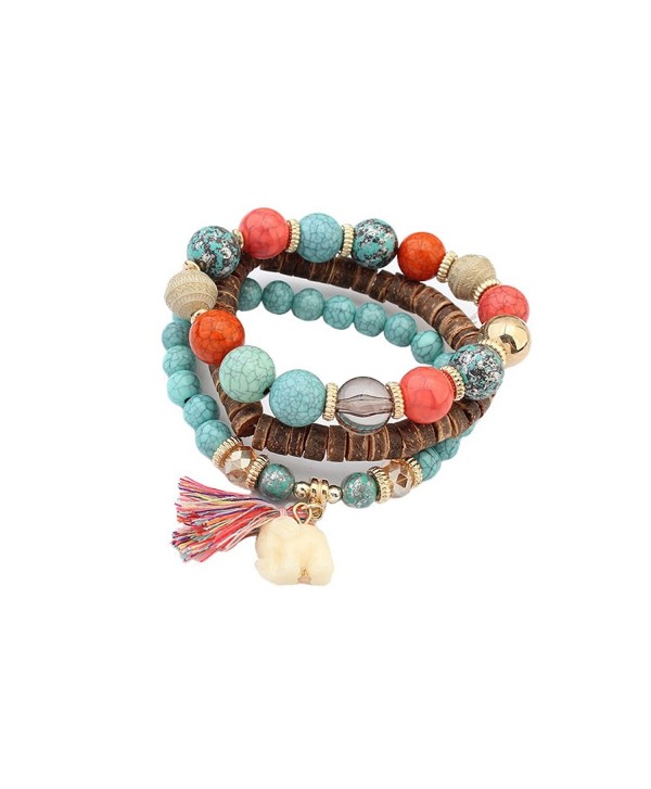 Lureme Bohemian Turquoise Beads 3 Layers with Elephant Charm Tassel Bracelet Set (bl003161) - Blue - CZ184WILKEG