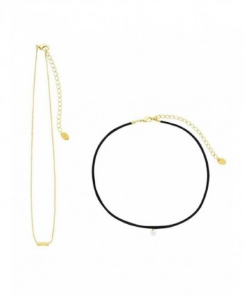 Sterling Forever - Black Leather with CZ and Gold Plated Chain Choker - Set of 2 - CM12NSL48BM