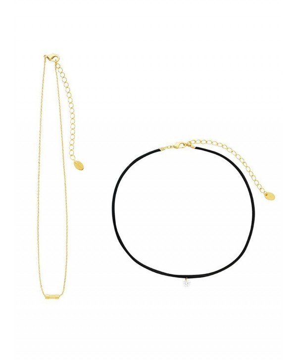 Sterling Forever - Black Leather with CZ and Gold Plated Chain Choker - Set of 2 - CM12NSL48BM