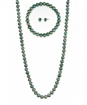 7-7.5mm Cultured Freshwatrer Pearl Necklace Bracelet and Earring Set in .925 Sterling Silver - Green - CF183COHEKX