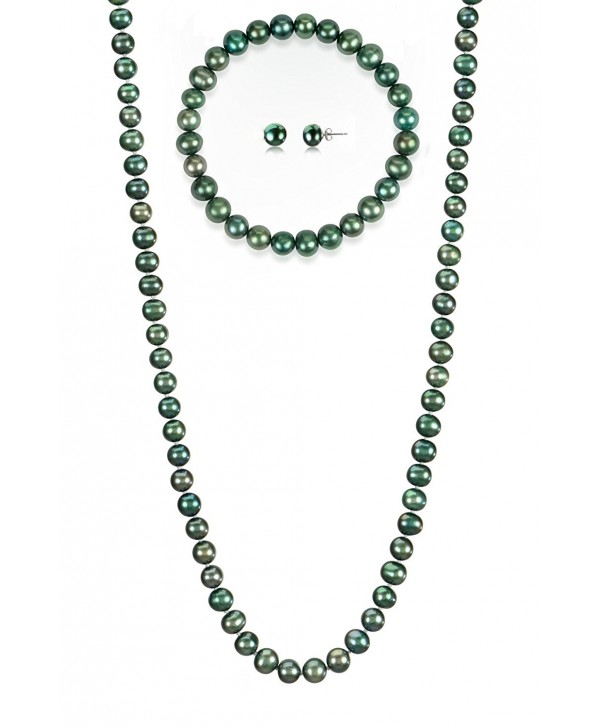 7-7.5mm Cultured Freshwatrer Pearl Necklace Bracelet and Earring Set in .925 Sterling Silver - Green - CF183COHEKX