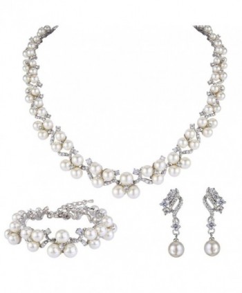 EVER FAITH Austrian Crystal CZ Simulated Pearl Victorian Style Necklace Earrings Bracelet Set Clear - C7124BEAO1B