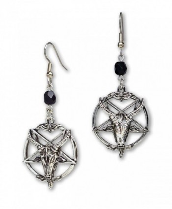 Baphomet Satanic Goat Head Inverted Pentagram Silver Finish Dangle Earrings - C11874TQRAH