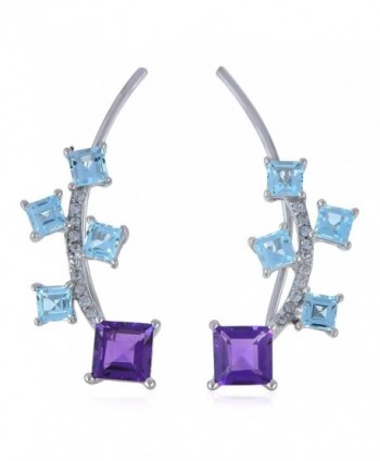 925 Sterling Silver Square Blue Topaz & Amethyst Gemstone Women's Ear Crawler Climber Cuff Earrings - CJ1834CTZ4X