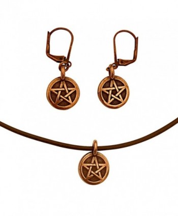 DragonWeave Pentagram Circle Charm Necklace & Earring Set- Antique Copper Brown Leather Adjustable - CD182GW0XCQ