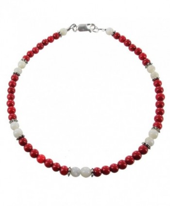 Womens Red Dolomite- Mother of Pearl & Sterling Silver Ladies Beaded Gemstone Anklet with Daisies - CL11BBMQF8T