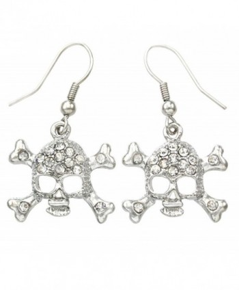 White Clear Skull Earrings Cross Bones Crossbones Hoop Dangle Clear Rhinestones Fashion Jewelry - CS119U4LGVB