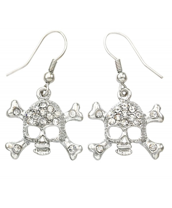 White Clear Skull Earrings Cross Bones Crossbones Hoop Dangle Clear Rhinestones Fashion Jewelry - CS119U4LGVB