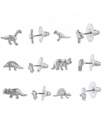 Lux Accessories Silver Tone Dinosaur Jurassic Park T Rex Stud Earring Set 6 prs - C0185G5KR2Q