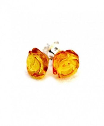 925 Sterling Silver Stud Amber Earrings Rose with Genuine Natural Baltic Amber - Honey - CW11UGEUE5D