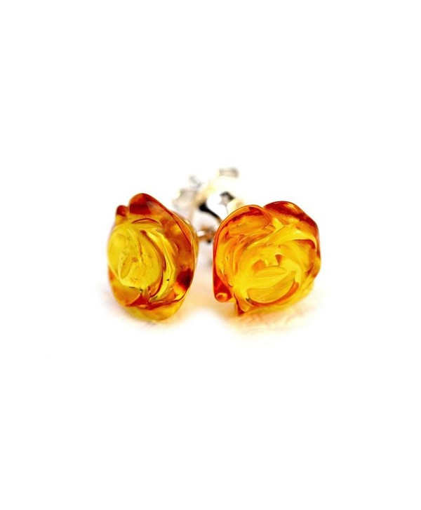 925 Sterling Silver Stud Amber Earrings Rose with Genuine Natural Baltic Amber - Honey - CW11UGEUE5D