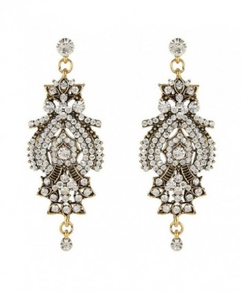 BriLove Women's Vintage Inspired Crystal Floral Chandelier Pierced Dangle Earrings Antique Gold-Tone Clear - CA11SZHCLWH