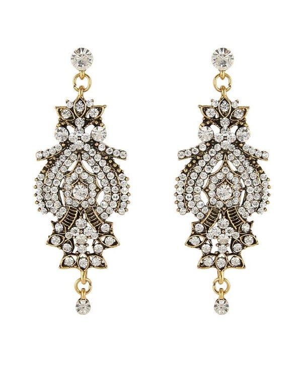 BriLove Women's Vintage Inspired Crystal Floral Chandelier Pierced Dangle Earrings Antique Gold-Tone Clear - CA11SZHCLWH