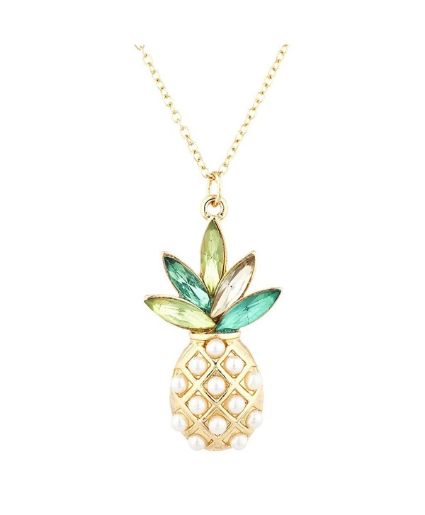 Lux Accessories Gold Tone Pearl Multi Green Stone PIneapple Pendant Necklace - CW182HSAOHI