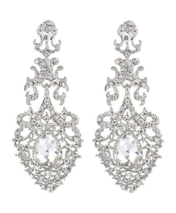 EVER FAITH Austrian Crystal Elegant Lace Hollow-out Tear Drop Chandelier Earrings Silver-Tone - Clear - CE124KPJDF5