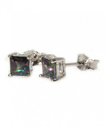 Stud Post Earrings 6mm Princess Cut Rainbow Cubic Zirconia 925 Sterling Silver - CU12MYCD5ZQ