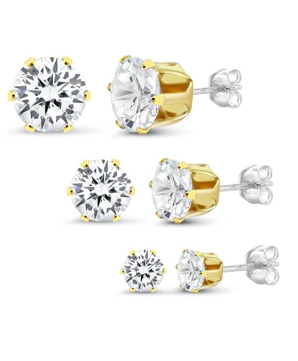 Sterling Silver Yellow Gold Plated Set of 3 Round White Zirconia 4mm- 6mm and 8mm Stud Earrings Set - CC11OT3H16H Sterling Silver Yellow Gold Plated Set of 3 Round White Zirconia 4mm- 6mm and 8mm Stud Earrings Set - CC11OT3H16H
