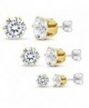 Sterling Silver Yellow Gold Plated Set of 3 Round White Zirconia 4mm- 6mm and 8mm Stud Earrings Set - CC11OT3H16H