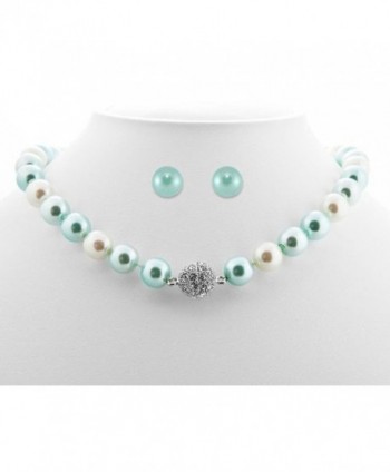 Formal Aqua Blue Color Faux Pearl Necklace & Stud Earring - Blue Bridesmaid Jewelry - C7116EGGXL1