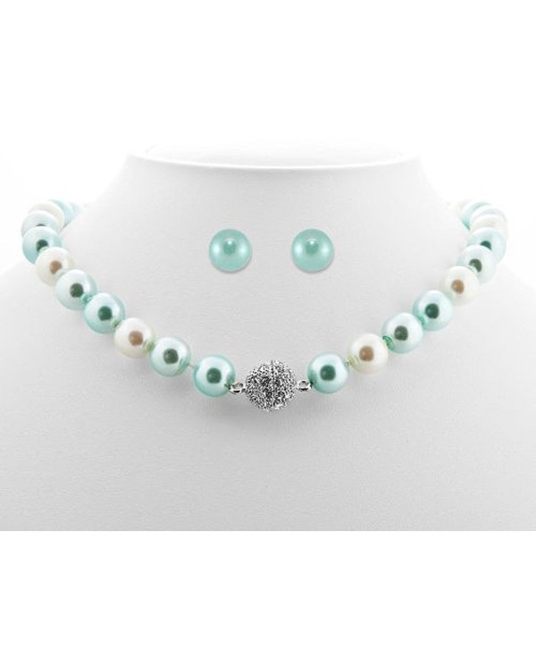 Formal Aqua Blue Color Faux Pearl Necklace & Stud Earring - Blue Bridesmaid Jewelry - C7116EGGXL1