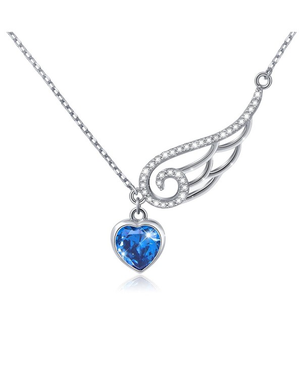 925 Sterling Silver Cubic Zirconia Guardian Angel Wing Heart Pendant Necklace for Women- 18" - Bule - CB182WA97EC