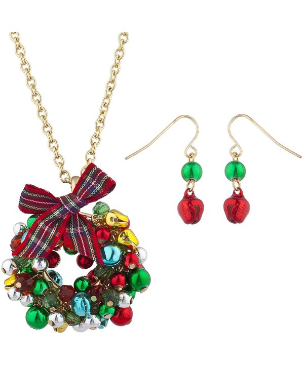 Lux Accessories Gold Tone Jingle Bell Christmas Xmas Wreath Necklace Earring Set - CB187C6NUZX
