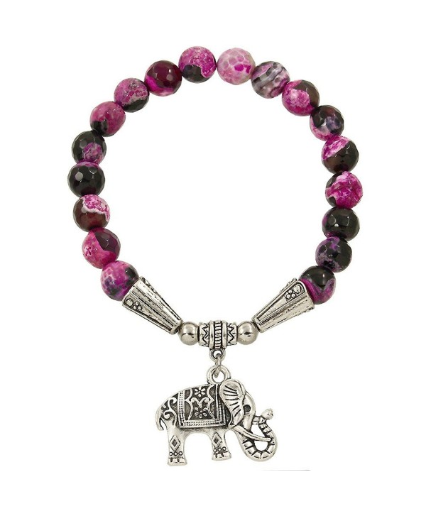 Falari Elephant Lucky Charm Natural Stone Bracelet Black Mix Fuchsia Agate B2448-BFA - C012F1GJD93