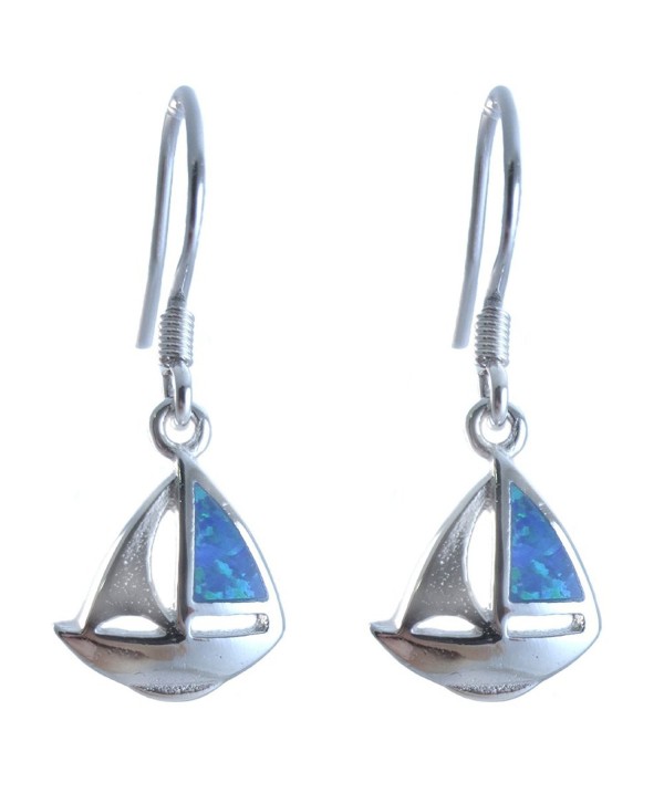 Sailboat Earrings Lab Created Blue Simulated Opal .925 Sterling Silver. 1.2 Inch - C711YVJL4IF